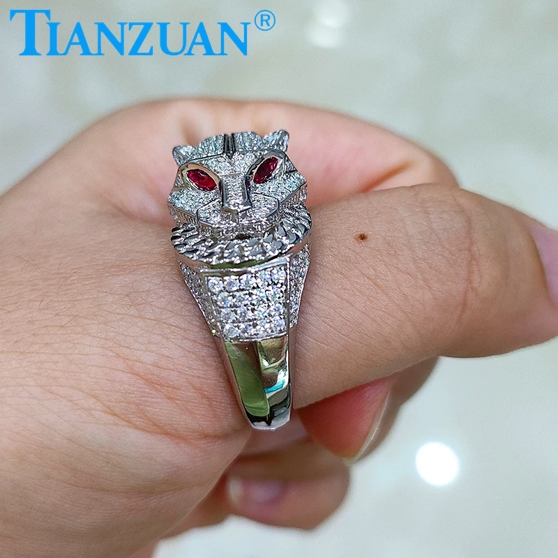 Tiger Head Real Full of Moissanite with Ruby Eyes Ring
