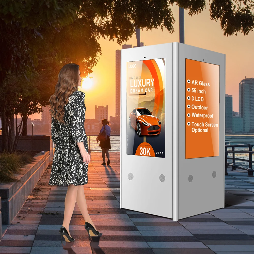55" Lcd Display Light Box Three Sided Ip65 Waterproof Outdoor Lcd Advertising Kiosk With Air Conditioner