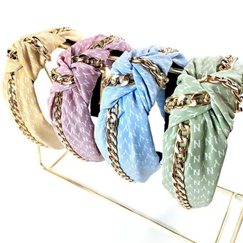 Simple Fabric Letter Printing Wide Version Chain Knotted Headband Ladies Hair Accessories