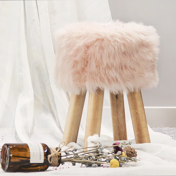 HStex 2020 Living Room Furniture Fake Fur Wood Round Sitting Stools with Wooden Legs Shape pink Ottoman