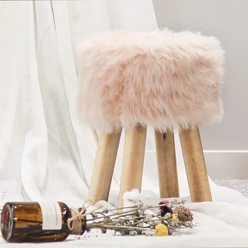 HStex 2020 Living Room Furniture Fake Fur Wood Round Sitting Stools with Wooden Legs Shape pink Ottoman