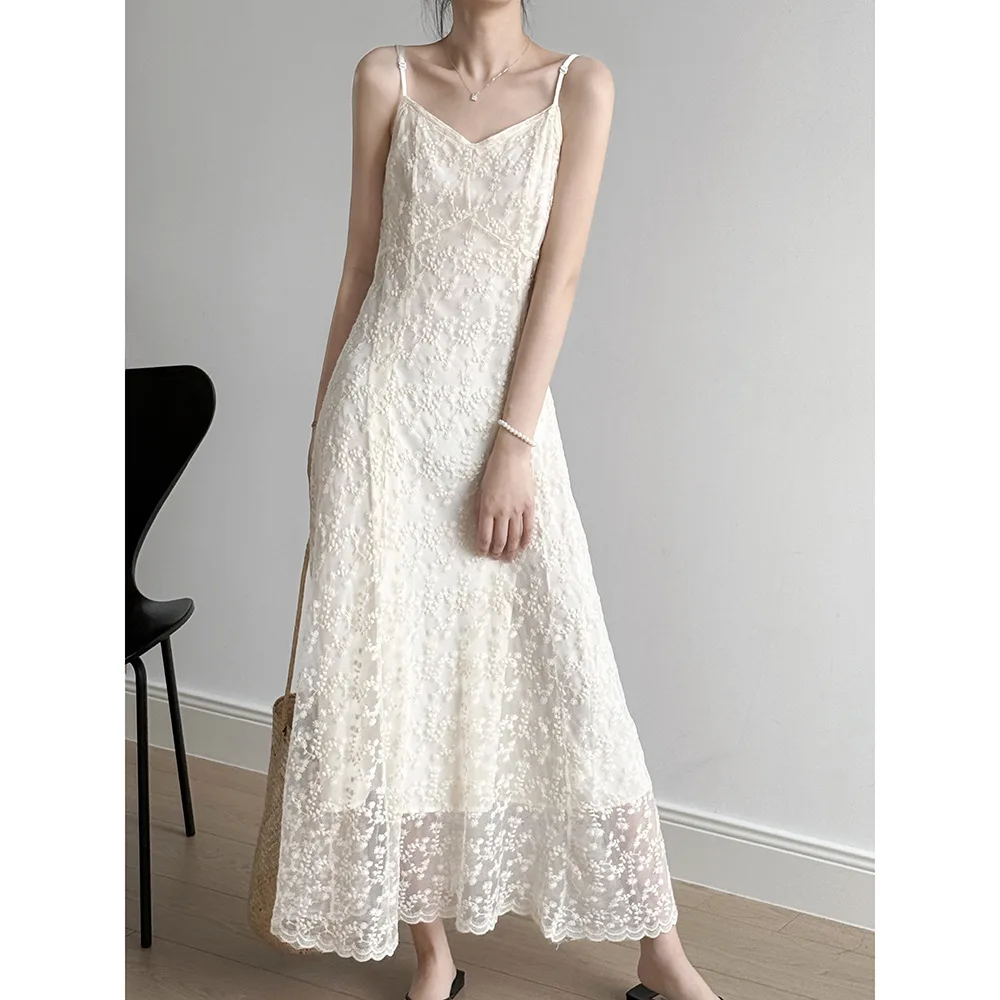 Women's Summer Dress 82260 Elegant Vintage French Lace Strap Heavy  Embroidery High-End XS Natural Long Elegant Dress