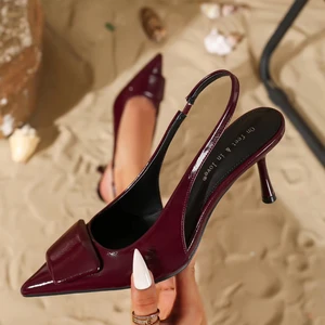 1235B-4 2026 New Wine Red Lacquer Leather Pointed High Heels, Fine Button Women's Shoes, Pointed Shoes, Sexy Thin Heels Sandals