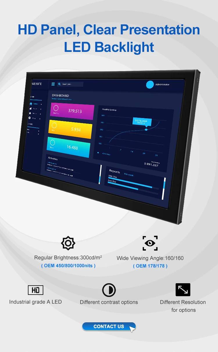 Industrial Display 12/12.1 Inch Metal HD Square Screen Wall Mount Ear Mounted HMI VGA OEM Monitor Bolinia in Stock
