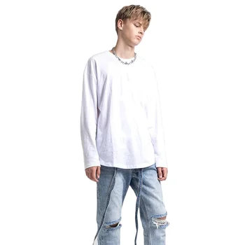 oversized white loose fit long line style customized logo graphic mens t shirts 100% cotton long sleeve