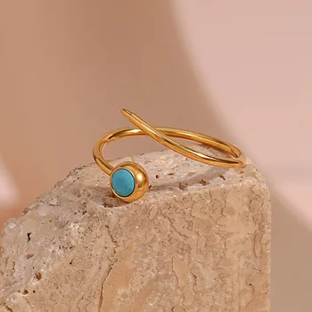 Minimalist Blue Natural Stone Adjustable Ring 18k Gold Plated Stainless Steel Fashion Jewelry Rings