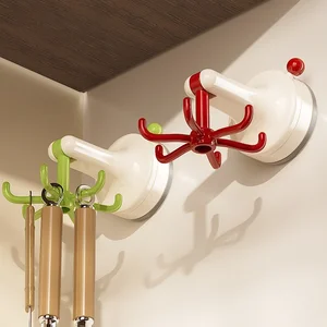 Kitchen Wall-Mounted Six-Claw Suction Cup Rack Plastic Utensil Storage Rotating Hook Dual-Use for Spatula Spoon
