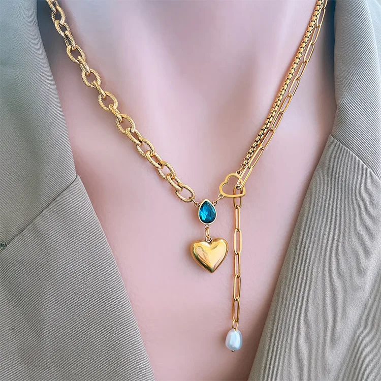 LE SSERAFIM着用★関税込★usite★Super Hearts 2Ways Necklace Fashion Jewelry Stainless Steel Necklace Blue Water Drop