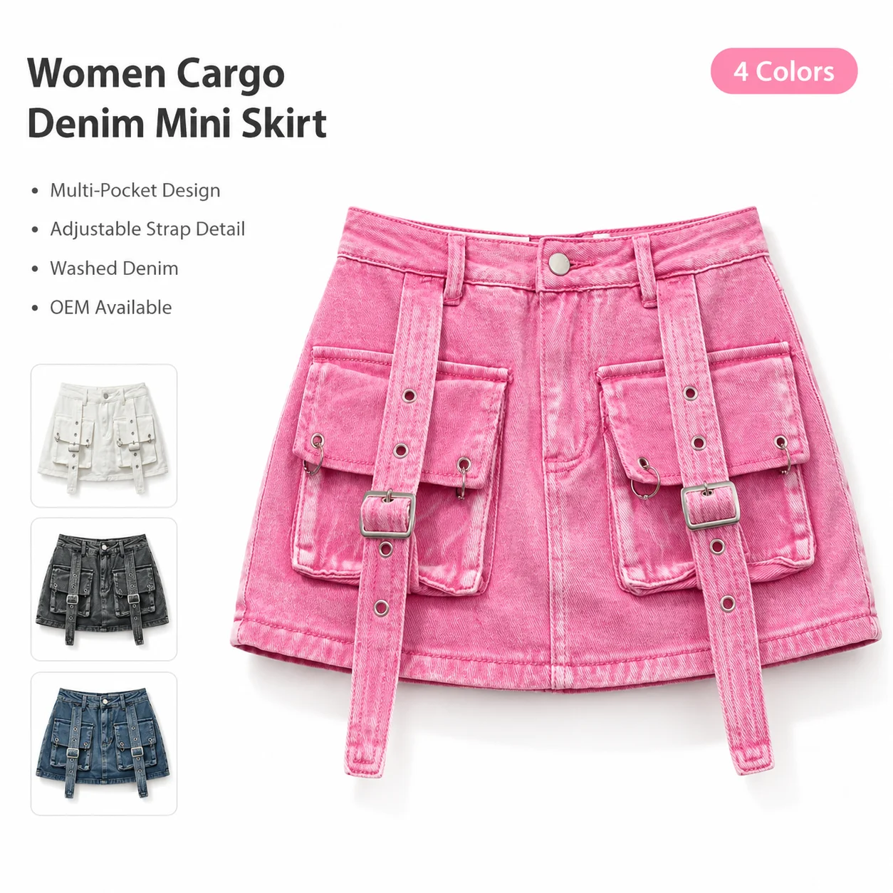 2024 Summer Women Skinny Fit and Flare Big Pocket Y2K Streetwear Cargo Denim Mini Skirt