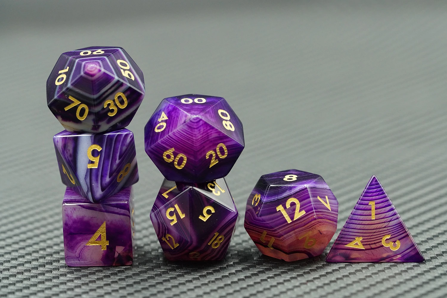 Polyhedral Custom Logo Rpg Dungeons and Dragons Stone Sharp Edge Sides Pattern Natural Purple Agate Gemstone Stripe Dice Set details