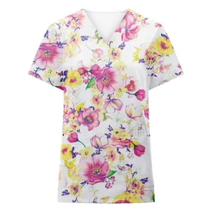 Breathable Wholesale Women's Floral Print Spandex Nurse Uniform Top Scrub Medical Woven Fabric Printed Scrubs Top Medical Scrubs