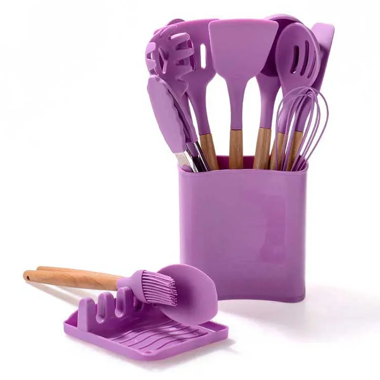 Popular Design Nonstick Rainbow Kitchen Wood Accessories Holders 12 Pcs Silicone Cooking Kitchen Utensils Set for Countertop