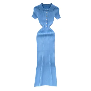 Summer Korean Retro Midi Women's V-Neck Long Sleeve Knitted Dress Elegant Office Lady Empire Breathable Washable Anti-Static