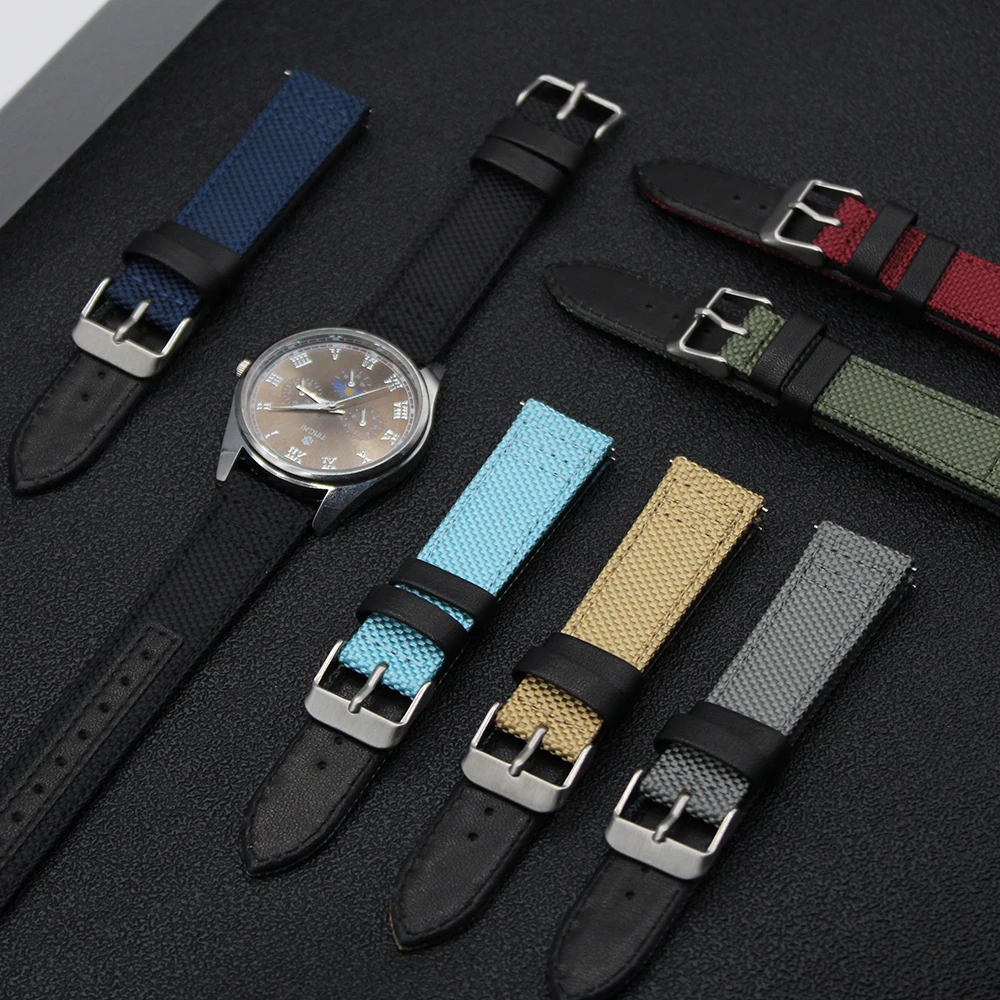 20mm Luxury Two Piece Watchband Quick Release Leather + Fabric Canvas