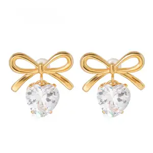 18K Gold Plated Trendy Dainty Zircon Drop Stud Earrings Non-Tarnish Bow-Knot Stainless Steel Jewelry Unisex