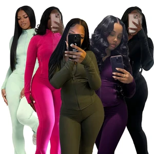 Fall Winter Sports Outfits for Women 2 Piece Set Casual Zip Patchwork Jacket and Bodycon Pants Suits