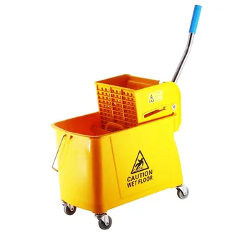 O-Cleaning 20L Thick Plastic Side-Press Wringer Rolling Mop Bucket,Heavy Duty Portable Squeeze Water Trolley for Commercial/Home