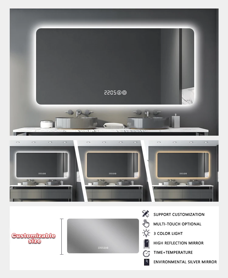 product led bathroom vanity wall make up illuminated clock modern smart mirror with bluetooth illuminated anti fog bath mirrors-4