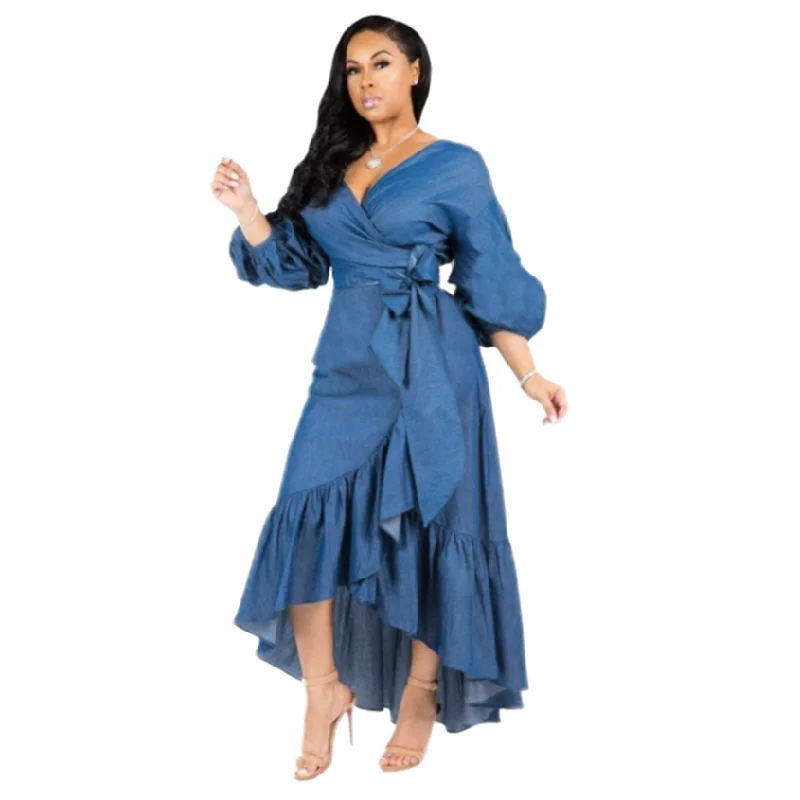 DF0617  Latest Design Summer Denim Dress Long Ruffled Lantern Sleeves V Neck Jean Dresses Casual Women Denim Dress