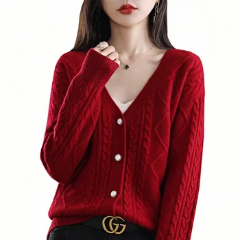 Custom LOGO V-neck Simple Solid Color Oversized Coat Women Cable Cardigan Slim Heavy Knit Coat for Autumn and Winter