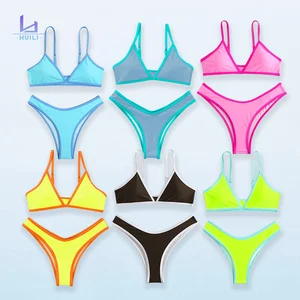 Huili Swimwear Manufacturer Oem High Quality Women Color Block Two Piece Beachwear Swimsuit Custom logo Cotton Bikini Set
