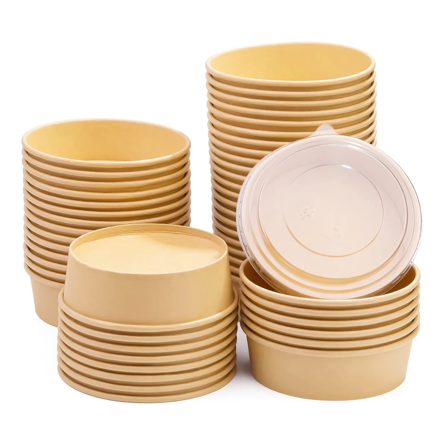 Biodegradable Brown Paper Bowl With PET Cover Custom Logo Salad Soup Rice Noodle Packaging Supplier for Restaurant Use