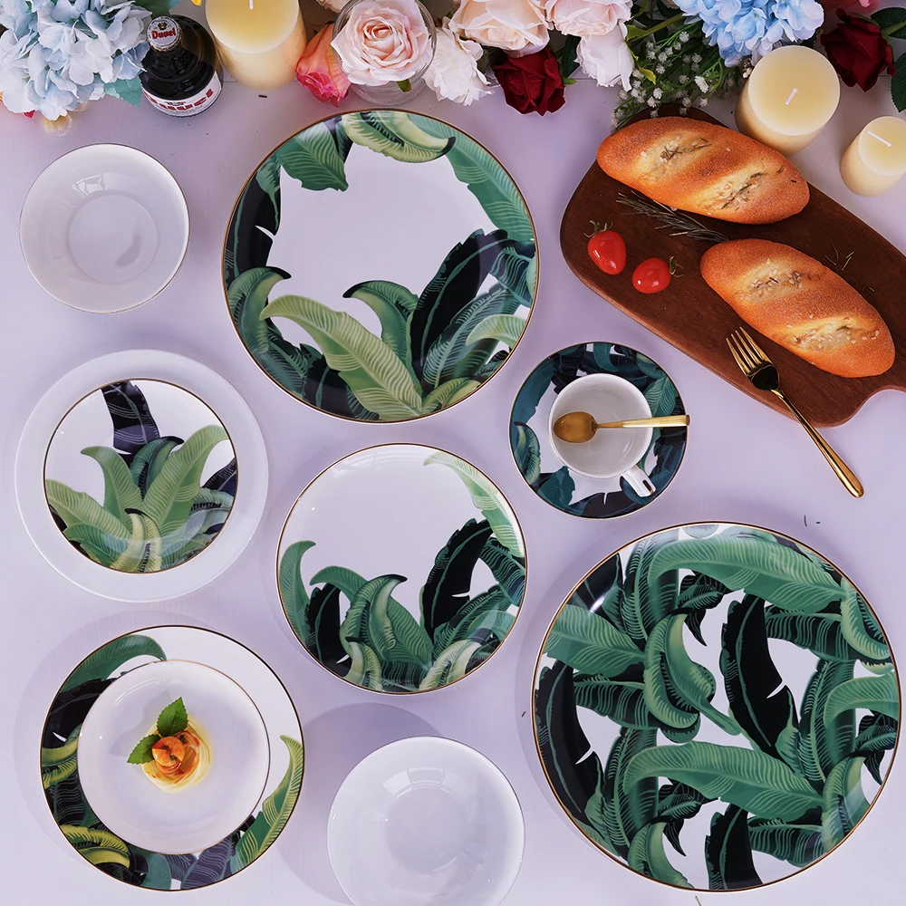 Bone China Dinnerware 4Pcs Plate Set Green Banana Leaves Ceramic Tableware Wedding Charger Plate for Event&Catering