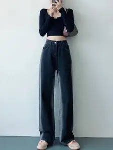 High Quality Custom Designed Women's Jeans Ultra Stretch Wide Leg Casual and Sexy Straight Style with Logo on Waist