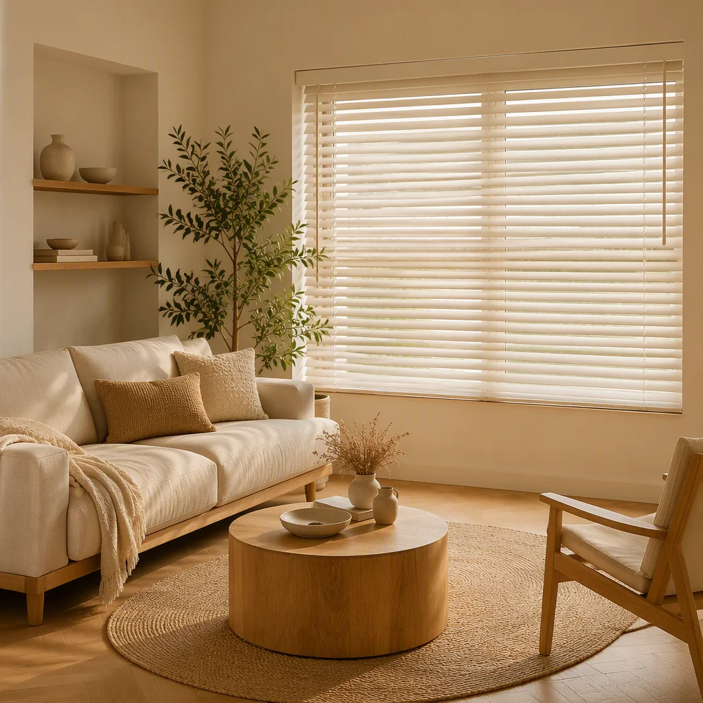 Roomskrem verfde massiewe hout Venesiese blinders, 50 mm kantelstokkie en trapkoord, vir die sitkamer, ligfilter, aangepaste grootte, B2B-groothandel