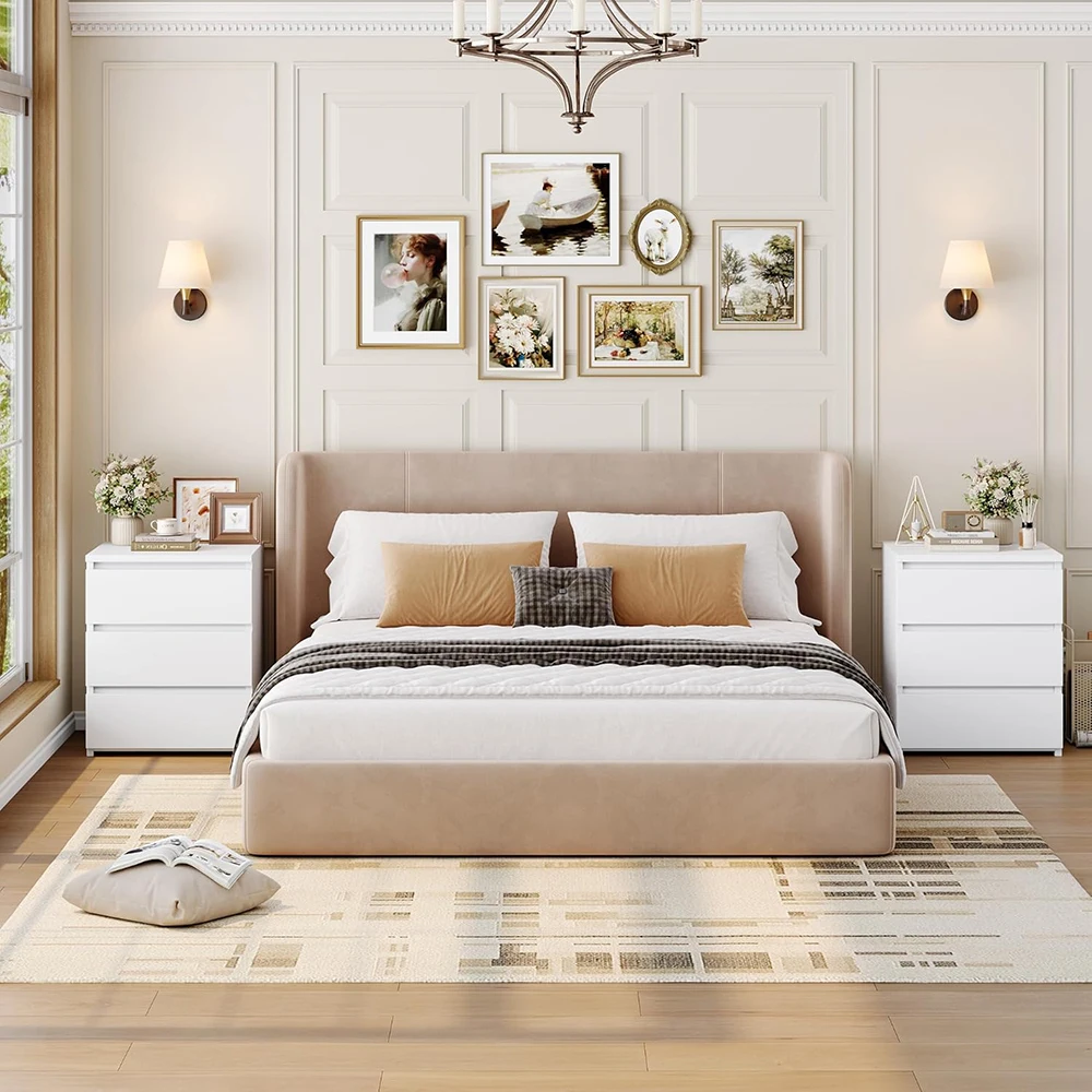 product white wooden modern 3 drawer nightstand with cut out handle for apartment bedroom sofa side table-5