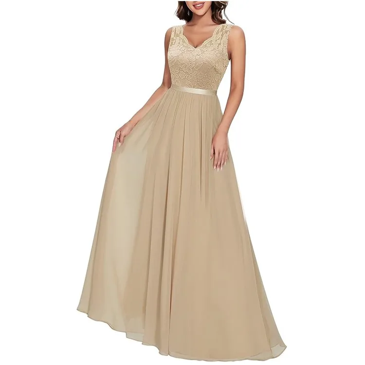 Shop Our Hot Selling Beige Floor Length Lace Chiffon Dress