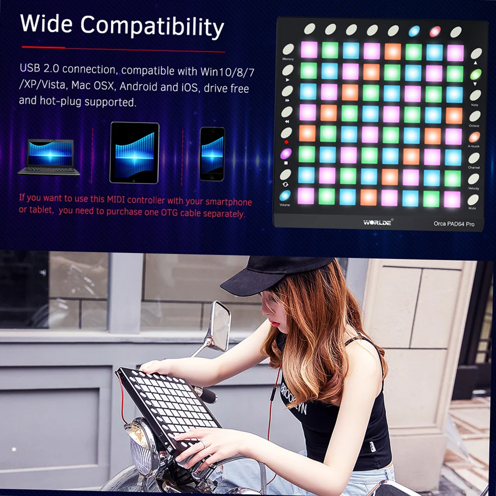 WORLDE Orca PAD64-A Pro USB MIDI Controller - Compact Portable