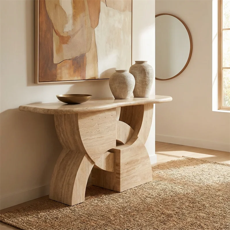 តុកណ្ដាលទ្រាវ៉ែលទីនទំនើប ដែលមានជញ្ជាំងពីថ្មម៉ាបល់ធម្មជាតិ តុកាហ្វេបន្ទប់ទទួលភ្ញៀវ មានទីកន្លែងផ្ទុក មានភាពធន់