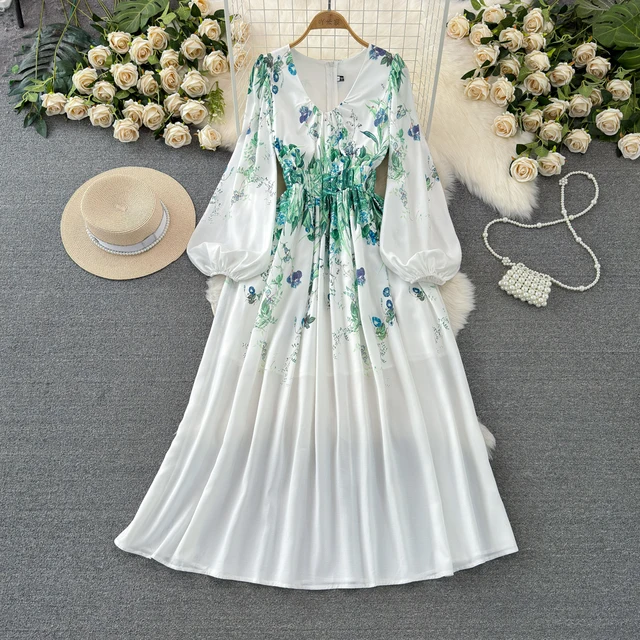 LE1932 2024 New Printed Ladies Maxi Casual Dress Elegant U-Collar Ladies A-Line Dress Elasticated Waist Long Ladies Dress