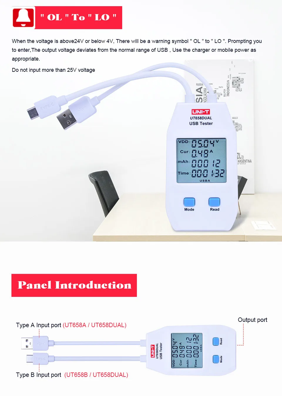 UNI-T UT658 Dual USB Tester Charger for Mobile Phones Type A/C Interface 6-24V DC Voltage Range Fast Charge Phone Fixing TOOLS