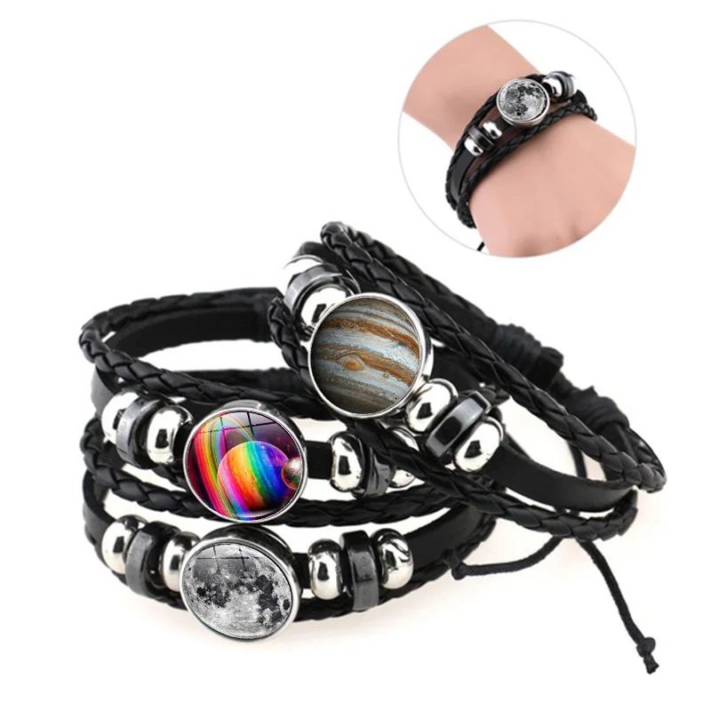 Solar System Planet Galaxy Nebula Space Neptune Venus Moon Earth Jupiter Mars Saturn Uranus Mercury Sun Art Leather Bracelets