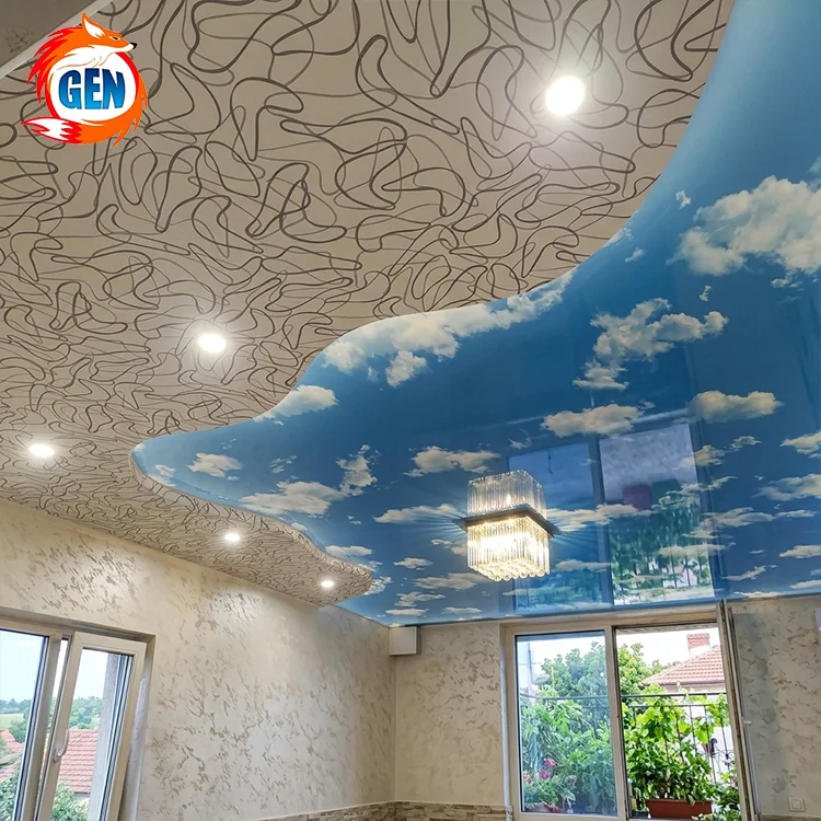 Custom Indoor Ceiling Foxygen PVC Foil Glossy Film Line Patterns Interior Decoration False Pop Design Sky Glossy Stretched Ceiling