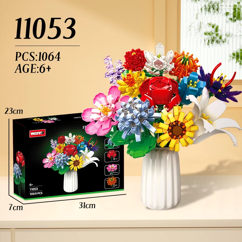 WOMA Factory ODM OEM 12 in 1 Bricks Flower Bouquet Kids Construction Block Flower Bricks Building Sets