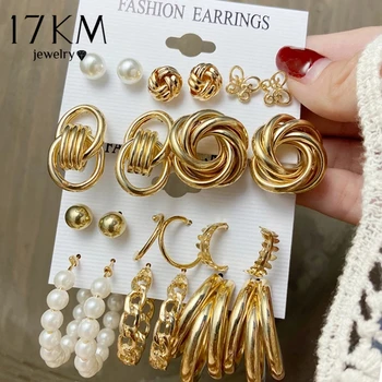 Vintage Geometric Gold Metal Earrings Set Punk Pearl Dangle Drop Earring Jewelry For Women