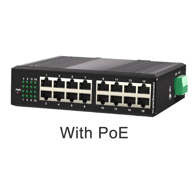 DIN-rail 16 Port Industrial Unmanaged Fast Ethernet Switch DC 12-57V IP40 10/100M Network PoE Switch factory