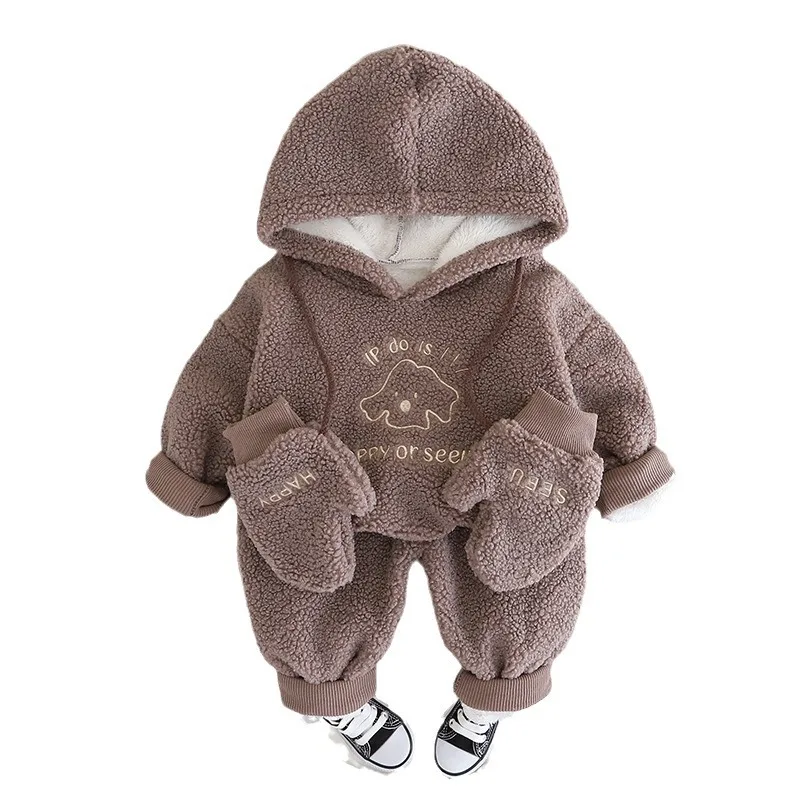 Factory Price Winter Plush Kids Clothes Sets Casual Hooded Top and Pants 2 Pieces Warm Boys Clothes Sets With Glove