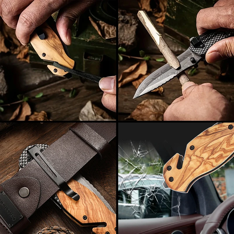 X50 Custom Damascus Laser Pattern Steel Knife Blade with Olive Wood Handle Outdoor Camping Survival Hunting Camping Pocket Knife