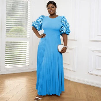 Blue Short Satin Sleeves African Maxi Women Plus Size Pleated Dresses