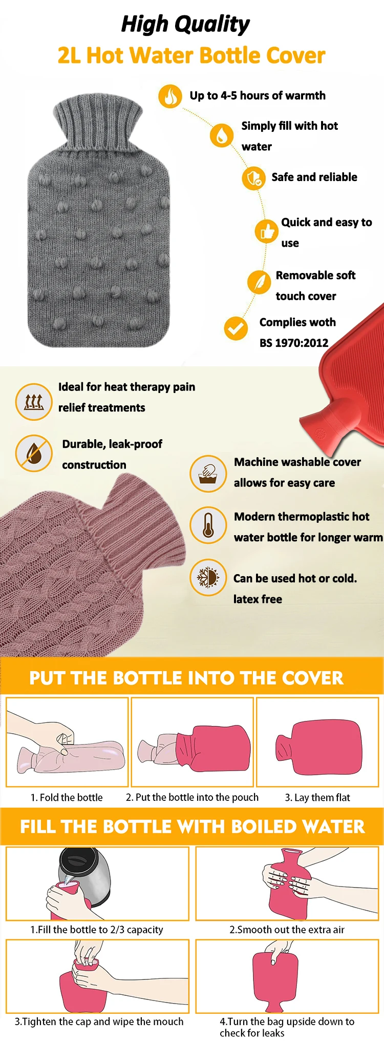 oem high quality 2l rubber bs hot water warm bag custom knit cover hot water bottles for sale