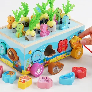 Wooden Multifunctional Buzy Car Funny Trailer Magnetic Fishing Game Wooden Ocean Cart Toy for Kids