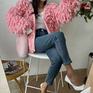 Women's 2024 Winter Casual Style Thick V-neck Cardigan Sweater With Button Front Logo Fuzzy Knitted Loose Fit