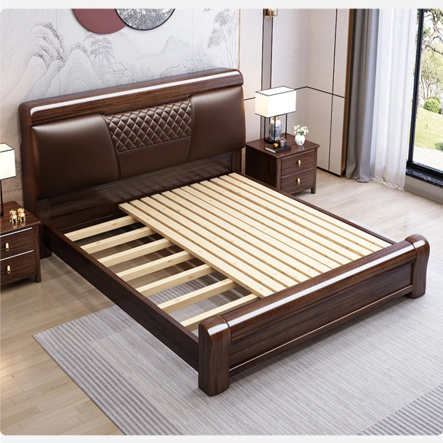 Purple Gold Sandalwood Solid Wood Bed King Size Master Bedroom Modern Simple Double Bed Chinese Style Storage Bedroom Furniture