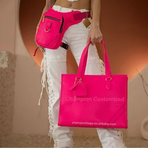 Custom Logo Snake Embossed Leather Ladies Tote Bag Hot Pink Shoulder Shopper Handbag Purse for Women