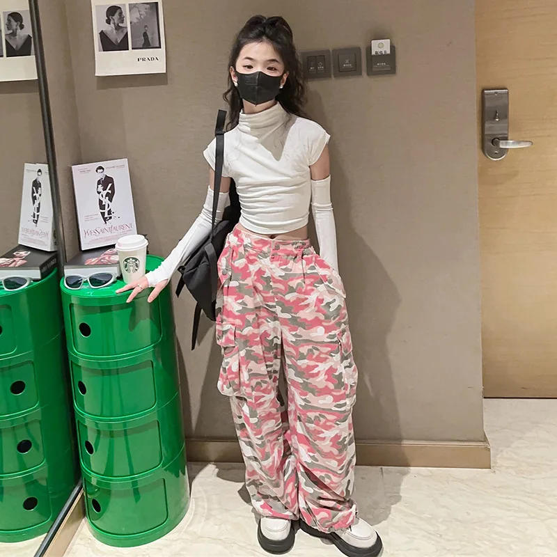 2023 новые осенние модные розовые повседневные камуфляжные брюки для больших девочек Классные брюки От 5 до 15 лет