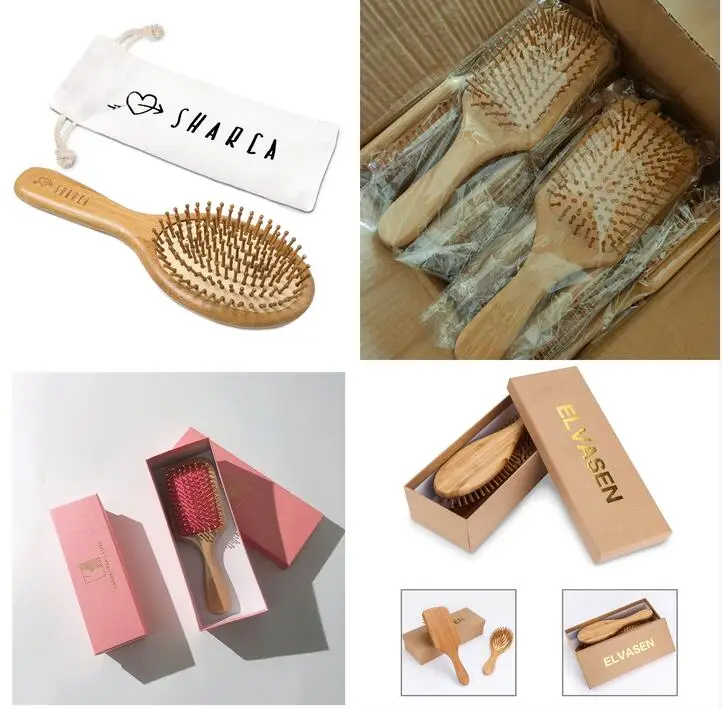 Wooden Bamboo Hair Brush Set Bamboo Wooden Paddle Brush For Detangling,Straightening Hair And